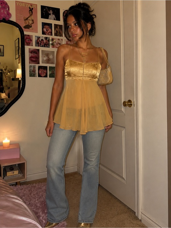 Victoria's Secret Tops - Vintage Victoria’s Secret Gold Floral Satin Sheer Babydoll Cami Top XS Y2K